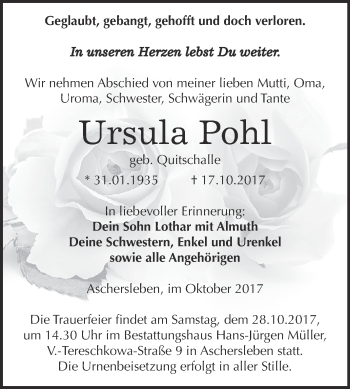 Traueranzeige von Ursula Pohl von Super Sonntag Aschersleben