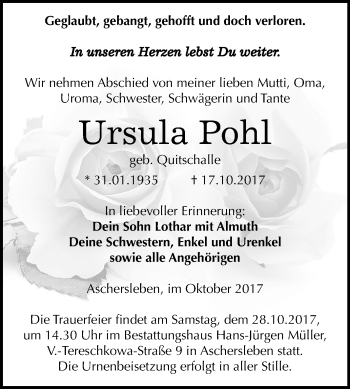 Traueranzeige von Ursula Pohl von Mitteldeutsche Zeitung Aschersleben