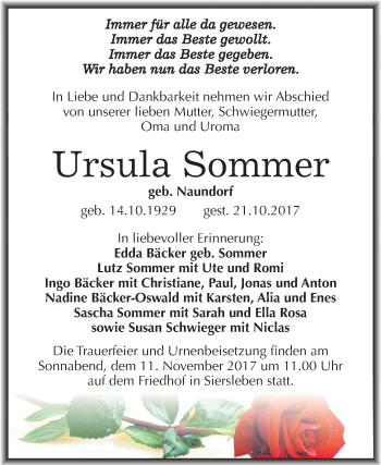 Traueranzeige von Ursula Sommer von Mitteldeutsche Zeitung