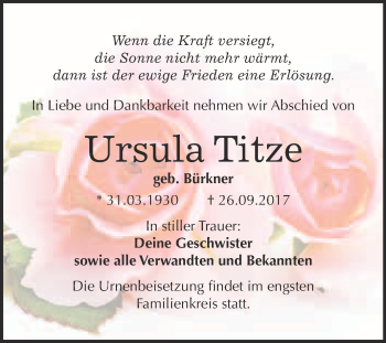 Traueranzeige von Ursula Titze von WVG - Wochenspiegel Bitterfeld