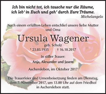 Traueranzeige von Ursula Wagener von Mitteldeutsche Zeitung Aschersleben