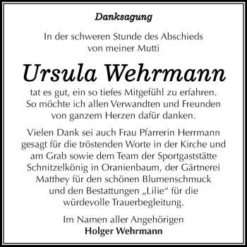 Traueranzeige von Ursula Wehrmann von WVG - Wochenspiegel Dessau / Köthen