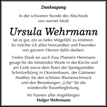 Traueranzeige von Ursula Wehrmann von Mitteldeutsche Zeitung