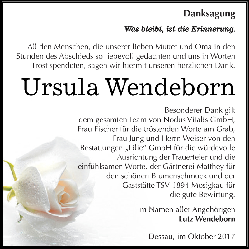 Traueranzeigen von Ursula Wendeborn www.abschiednehmen.de