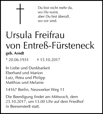 Traueranzeige von Ursula Freifrau von Entreß-Fürsteneck von Mitteldeutsche Zeitung Halle/Saalkreis