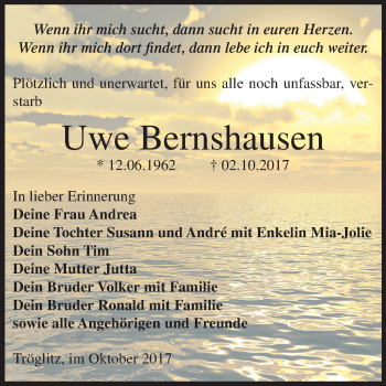 Traueranzeige von Uwe Bernshausen von Mitteldeutsche Zeitung Zeitz