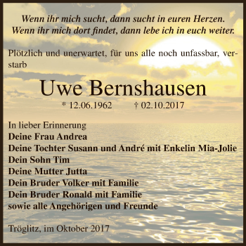 Traueranzeige von Uwe Bernshausen von Super Sonntag Zeitz