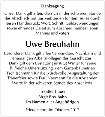 Traueranzeige von Uwe Breuhahn von Mitteldeutsche Zeitung Bitterfeld