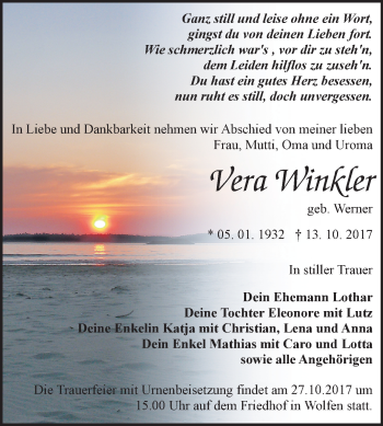Traueranzeige von Vera Winger von WVG - Wochenspiegel Bitterfeld