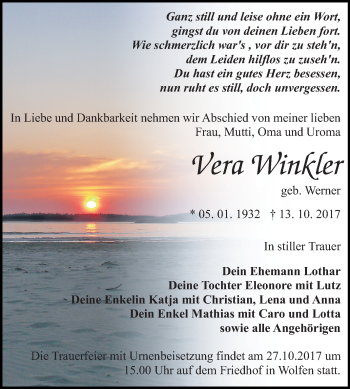 Traueranzeige von Vera Winkler von Mitteldeutsche Zeitung Bitterfeld