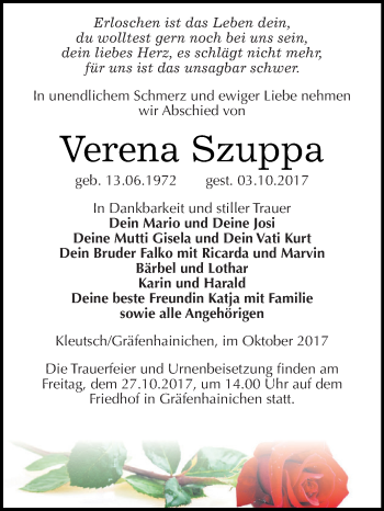 Traueranzeige von Verena Szuppa von WVG - Wochenspiegel Dessau / Köthen