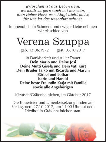Traueranzeige von Verena Szuppa von WVG - Wochenspiegel Wittenberg