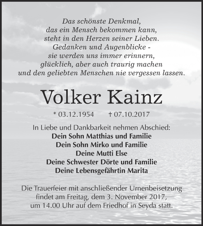  Traueranzeige für Volker Kainz vom 14.10.2017 aus WVG - Wochenspiegel Wittenberg