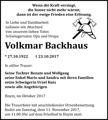 Traueranzeige von Volkmar Backhaus von Mitteldeutsche Zeitung Aschersleben