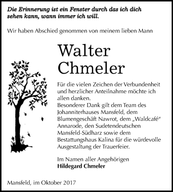 Traueranzeige von Walter Chmeler von Mitteldeutsche Zeitung