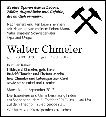 Traueranzeige von Walter Chmeler von Wochenspiegel Mansfelder Land