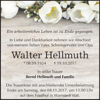 Traueranzeige von Walter Hellmuth von Mitteldeutsche Zeitung Quedlinburg