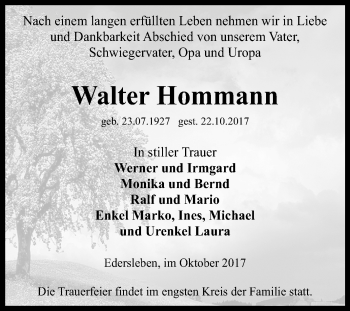 Traueranzeige von Walter Hommann von Mitteldeutsche Zeitung Sangerhausen