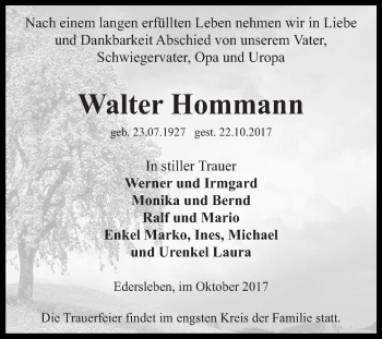 Traueranzeige von Walter Hommann von Super Sonntag SGH Mansf. Land