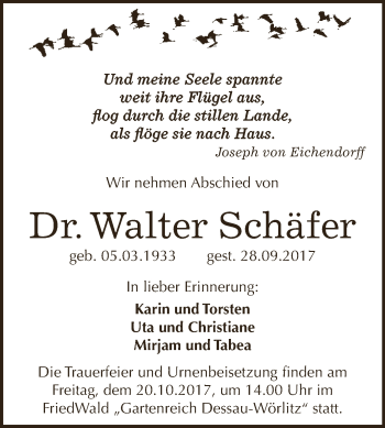 Traueranzeige von Walter Schäfer von WVG - Wochenspiegel Dessau / Köthen
