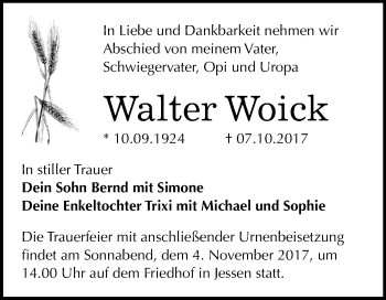 Traueranzeige von Walter Woick von Mitteldeutsche Zeitung
