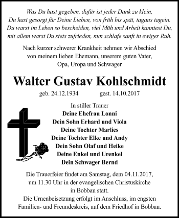 Traueranzeige von Walter Gustav Kohlschmidt von Mitteldeutsche Zeitung Bitterfeld