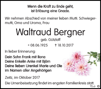 Traueranzeige von Waltraud Bergner von Mitteldeutsche Zeitung Zeitz