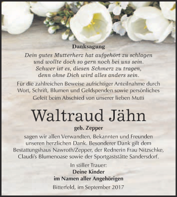 Traueranzeige von Waltraud Jähn von WVG - Wochenspiegel Bitterfeld