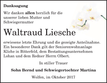 Traueranzeige von Waltraud Liesche von WVG - Wochenspiegel Bitterfeld