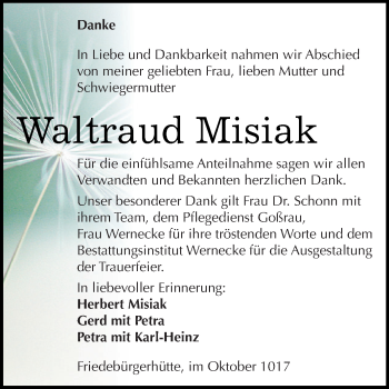 Traueranzeige von Waltraud Misiak von Wochenspiegel Mansfelder Land