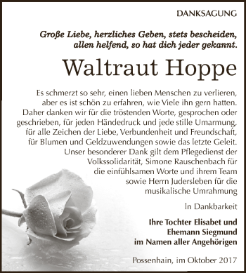 Traueranzeige von Waltraut Hoppe von WVG - Wochenspiegel NMB / WSF / ZTZ