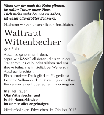 Traueranzeige von Waltraut Wittenbecher von Mitteldeutsche Zeitung Sangerhausen