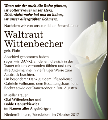 Traueranzeige von Waltraut Wittenbecher von Super Sonntag SGH Mansf. Land