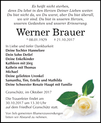 Traueranzeige von Werner Brauer von WVG - Wochenspiegel NMB / WSF / ZTZ