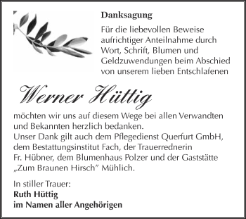 Traueranzeige von Werner Hüttig von Super Sonntag Merseburg