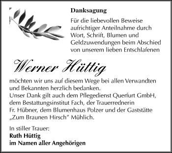 Traueranzeige von Werner Hüttig von Mitteldeutsche Zeitung Merseburg/Querfurt