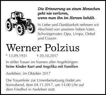 Traueranzeige von Werner Polzius von Super Sonntag SGH Mansf. Land