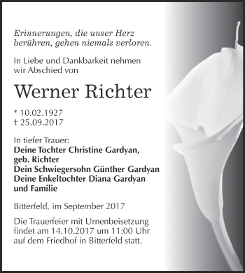 Traueranzeige von Werner Richter von WVG - Wochenspiegel Bitterfeld