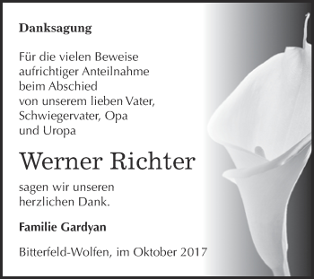 Traueranzeige von Werner Richter von WVG - Wochenspiegel Bitterfeld