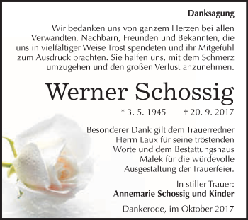 Traueranzeige von Werner Schossig von WVG - Wochenspiegel Quedlinburg