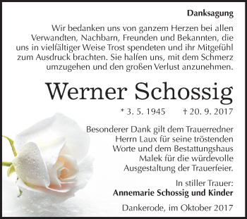 Traueranzeige von Werner Schossig von Mitteldeutsche Zeitung