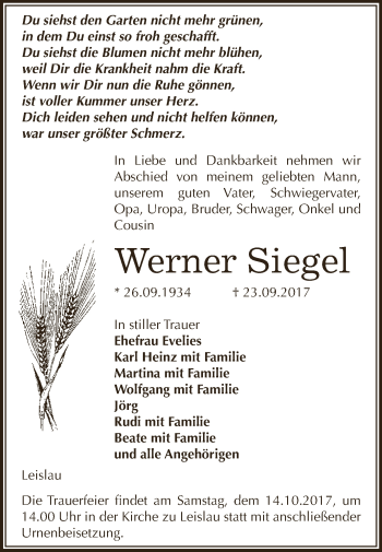 Traueranzeige von Werner Siegel von WVG - Wochenspiegel NMB / WSF / ZTZ