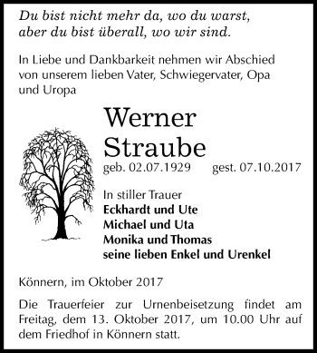 Traueranzeige von Werner Straube von Mitteldeutsche Zeitung Bernburg