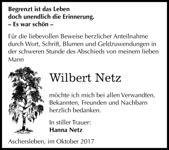 Traueranzeige von Wilbert Netz von Mitteldeutsche Zeitung Aschersleben