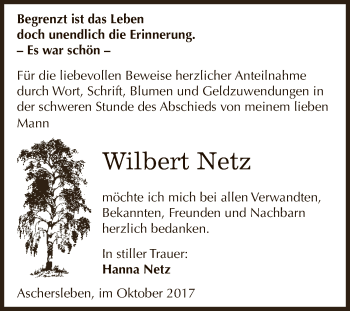 Traueranzeige von Wilbert Netz von Super Sonntag Aschersleben