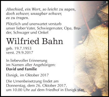 Traueranzeige von Wilfried Bahn von WVG - Wochenspiegel Dessau / Köthen