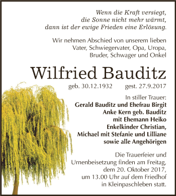Traueranzeige von Wilfried Bauditz von WVG - Wochenspiegel Dessau / Köthen