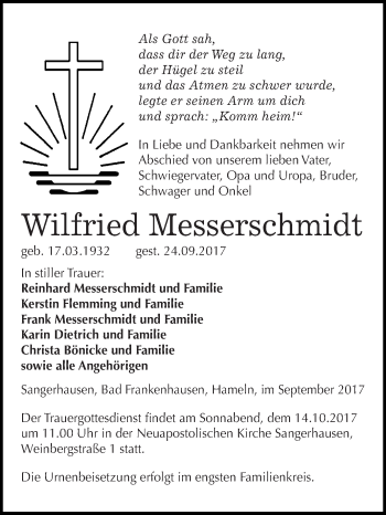 Traueranzeige von Wilfried Messerschmidt von WVG - Wochenspiegel SGH