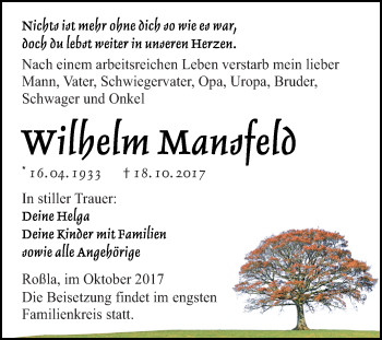 Traueranzeige von Wilhelm Mansfeld von Super Sonntag SGH Mansf. Land