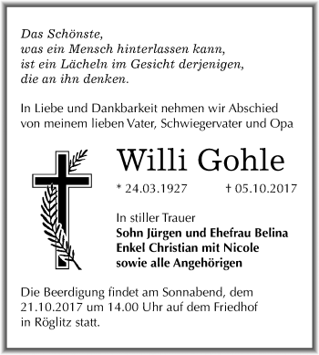 Traueranzeige von Willi Gohle von Mitteldeutsche Zeitung